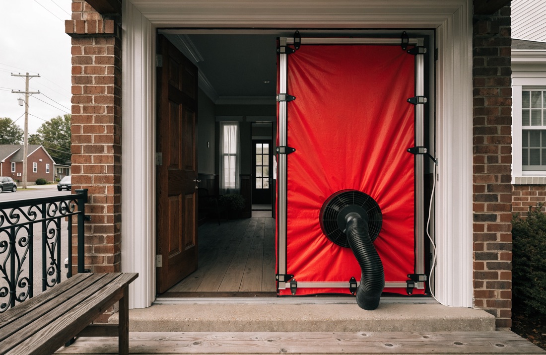 A red blower door fan panel fitted into the open front doorway of a house for an air leakage test